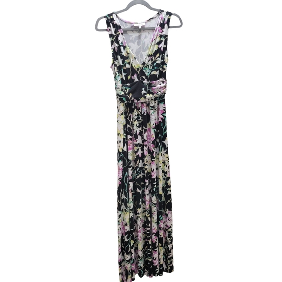 Jennifer Lopez Women's Black Floral Rayon V-Neck Sleeveless Long Maxi Dress - Picture 1 of 10